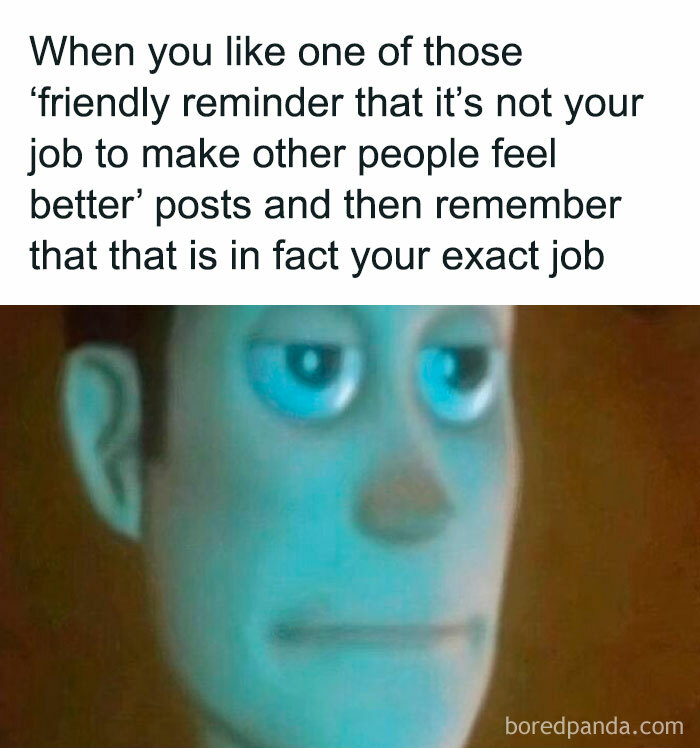 Blurry character image with text expressing ironic realization about therapy job responsibilities.