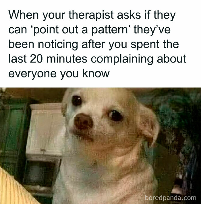 Funny therapy meme with a confused dog when therapist points out a pattern.