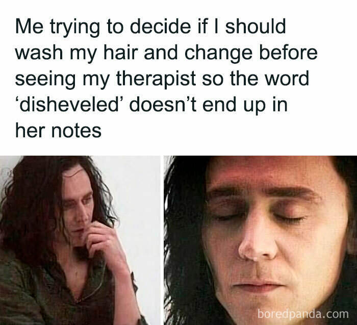 A person contemplating appearance before therapy; a funny therapy meme with disheveled hair.