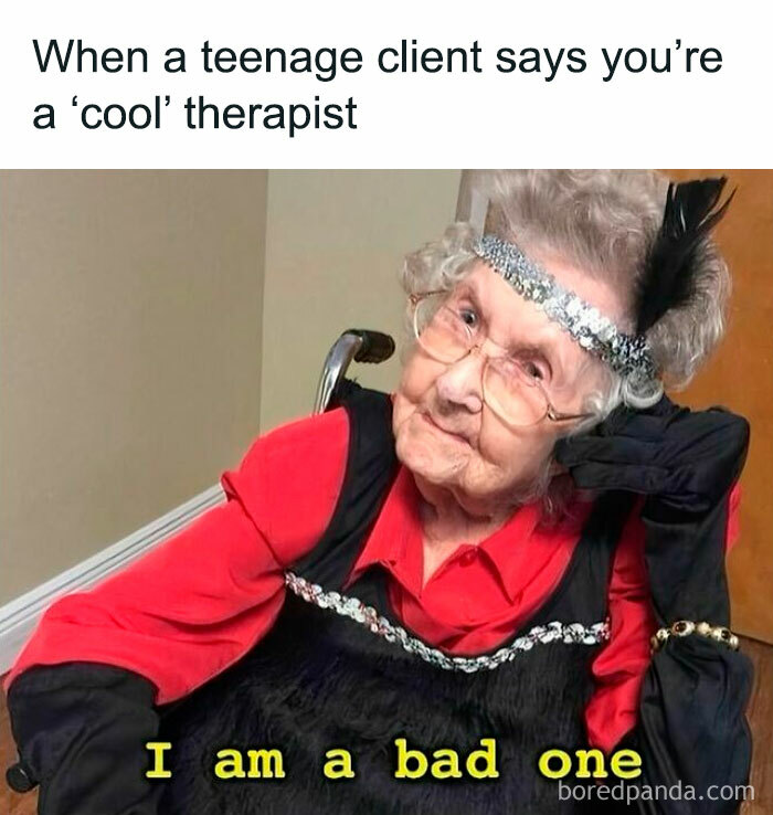 Elderly woman dressed playfully as a therapist, captioned humorously about being a 'cool' therapist, highlighting therapy memes.