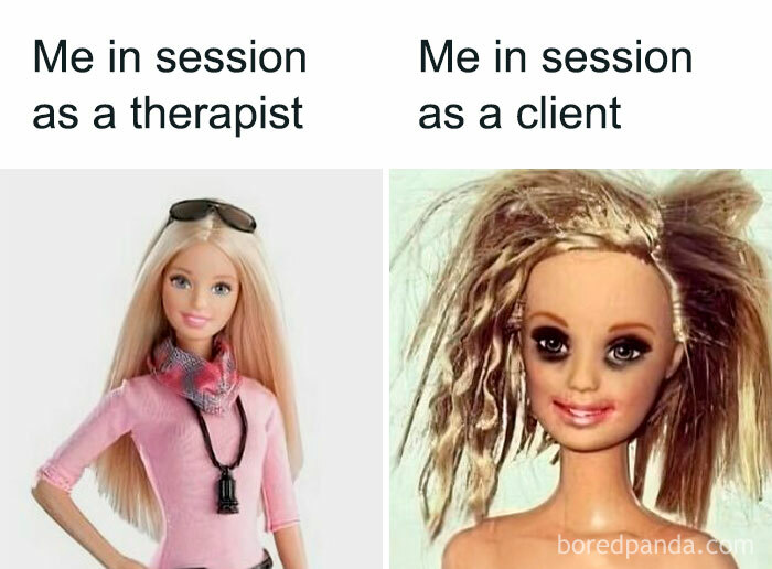 Therapy memes: two dolls representing therapist vs. client in humor comparison.