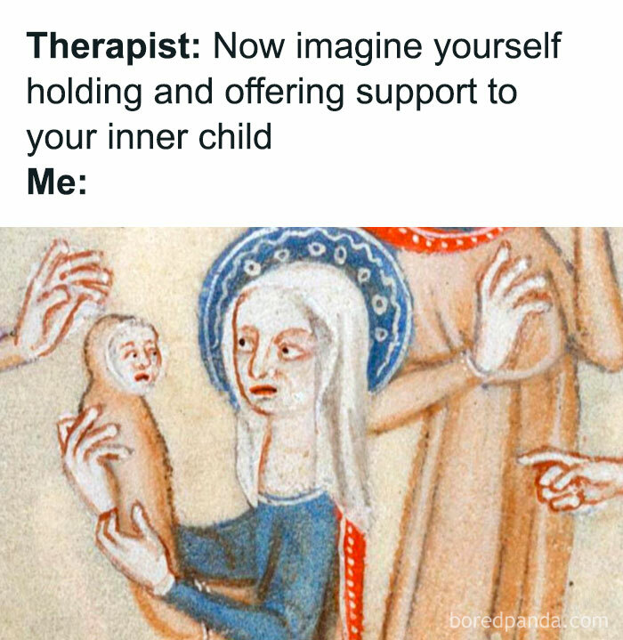 Medieval art meme humorously illustrating a therapy session concept with inner child.