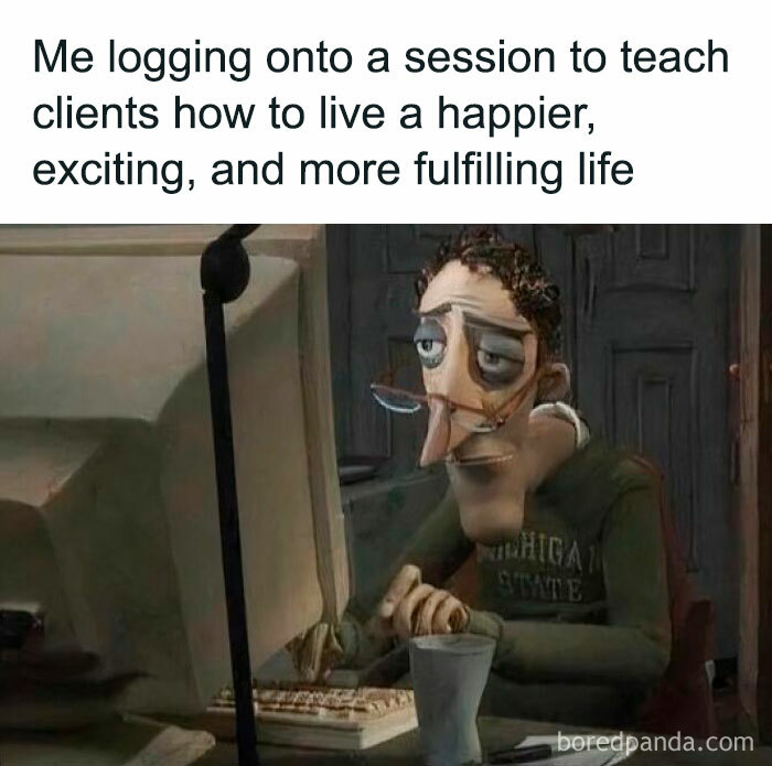 Gruff animated character at computer exemplifies therapy meme humor.
