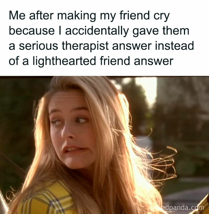 Woman making awkward face in meme about giving therapist answer.