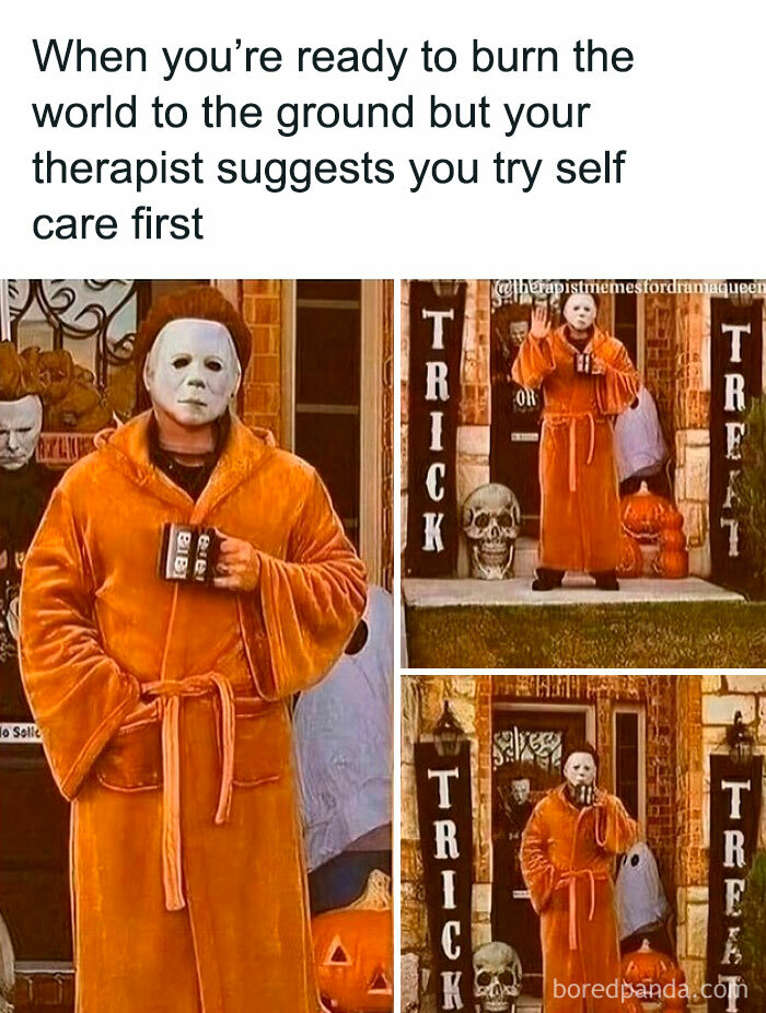 Person in a Halloween mask and robe, holding a mug, with Halloween decorations, illustrating a therapy meme.