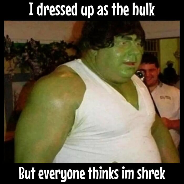A man in a green costume humorously illustrates frustrations of dieting with a mix-up between Hulk and Shrek.