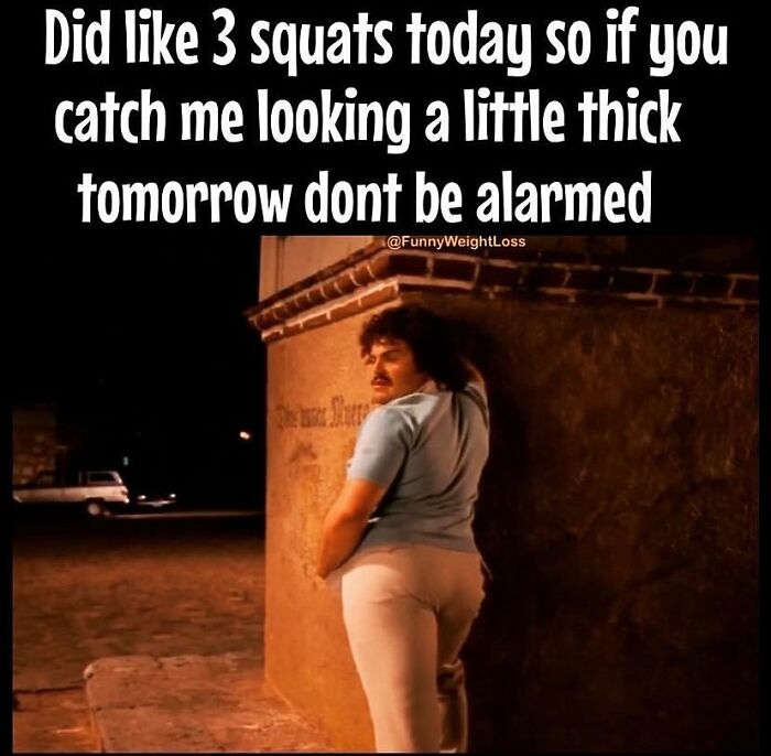 Man posing humorously in a tight outfit, highlighting dieting frustrations in a funny meme.