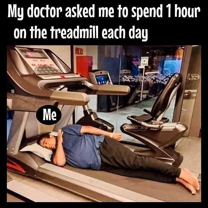 Person humorously lying on a treadmill, capturing dieting frustrations with a clever meme.