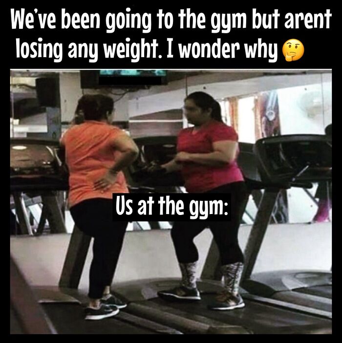 Two women chatting on treadmills, capturing dieting frustrations with a humorous meme.