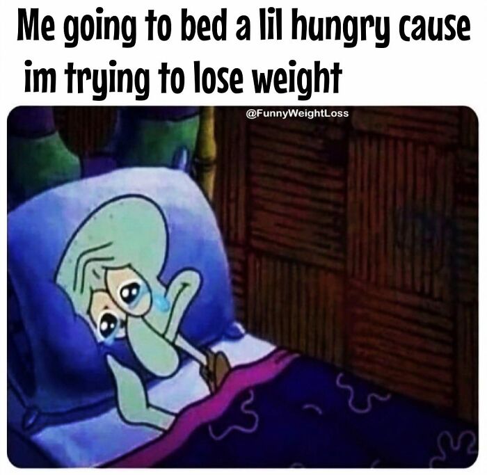 Crying cartoon character in bed, representing dieting and weight loss frustrations.