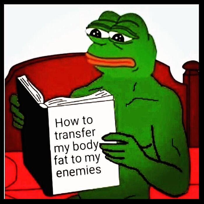 Pepe the Frog reading a dieting meme book titled "How to transfer my body fat to my enemies."