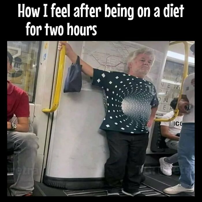 Funny meme capturing dieting frustration, showing a person on a subway with a shirt that creates an optical illusion.