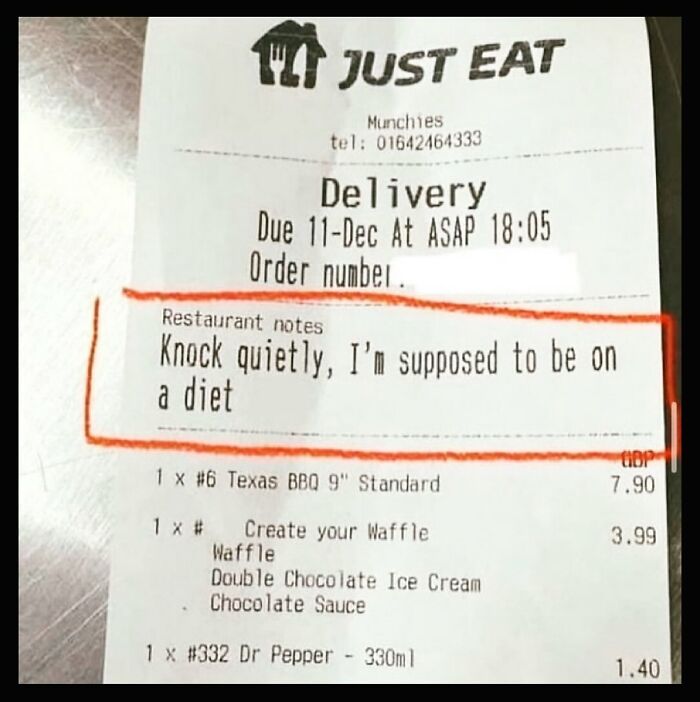 Receipt with humorous note: "Knock quietly, I’m supposed to be on a diet." Frustrations of dieting and weight loss.