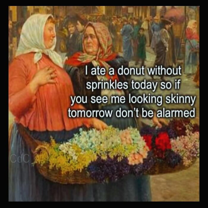 Two women discussing dieting frustrations, with one joking about eating a donut without sprinkles in a humorous meme.