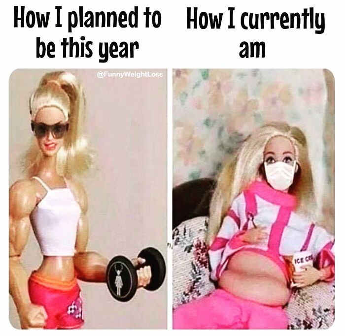 Barbie meme humorously shows dieting frustrations: fit vs. relaxed with ice cream.