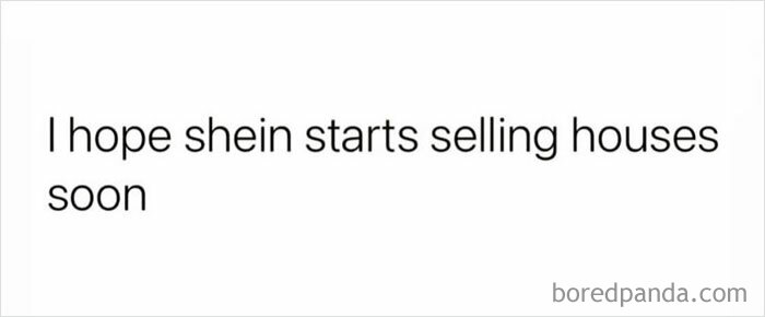 Text meme saying, "I hope Shein starts selling houses soon," using humor to express a funny wish.