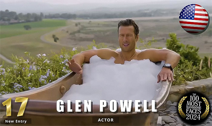 "Actor ranked among the most handsome men of 2024, relaxing in an outdoor bubble bath with scenic views.