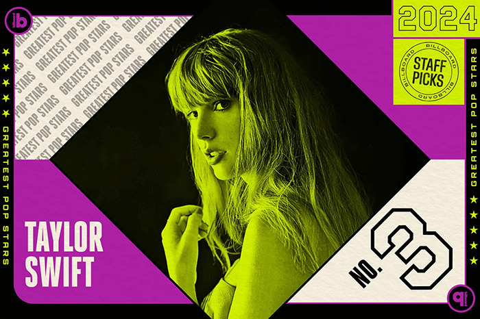 Taylor Swift ranked 3rd on 2024 greatest pop stars list, featured in promotional graphic.