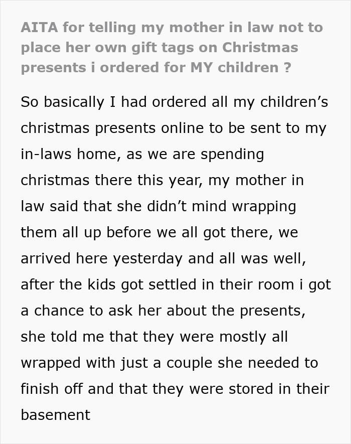 Text about a woman upset after mother-in-law put her own tags on children's Christmas gifts.