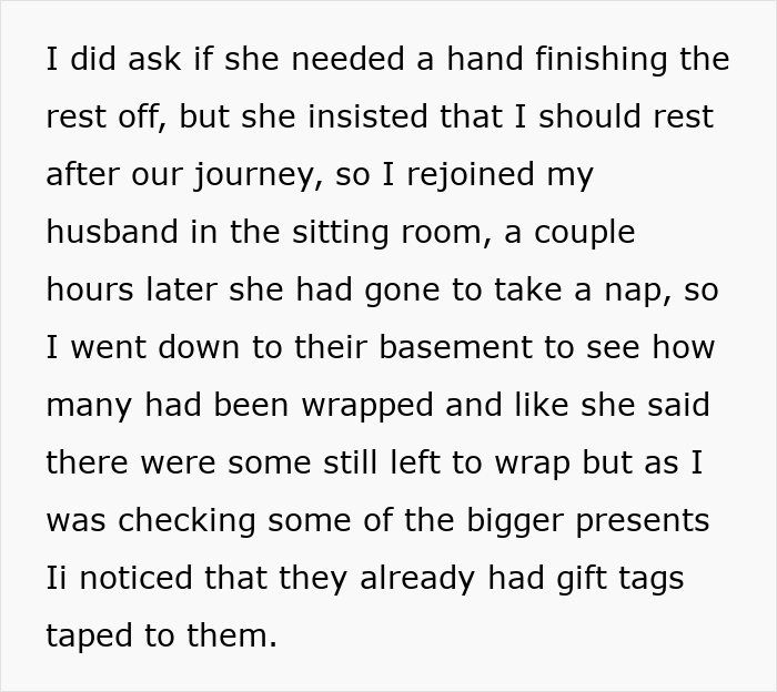 Text describing a woman discovering gifts with tags already taped on.