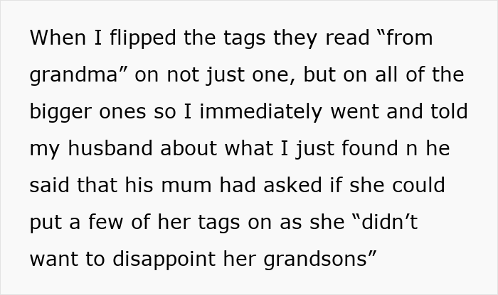 Text reads: Woman discovers MIL's gift tags on presents she didn't buy, confronts husband about the situation.