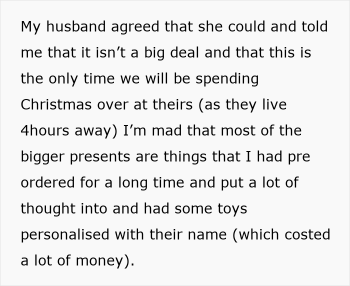 Text discussing a woman's frustration over her MIL putting tags on gifts she didn&rsquo;t buy.