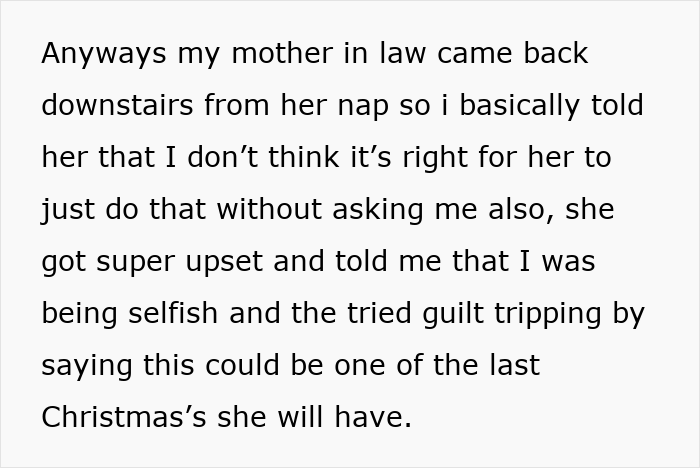 Text about a woman confronting her MIL for putting her tags on gifts she didn't buy.