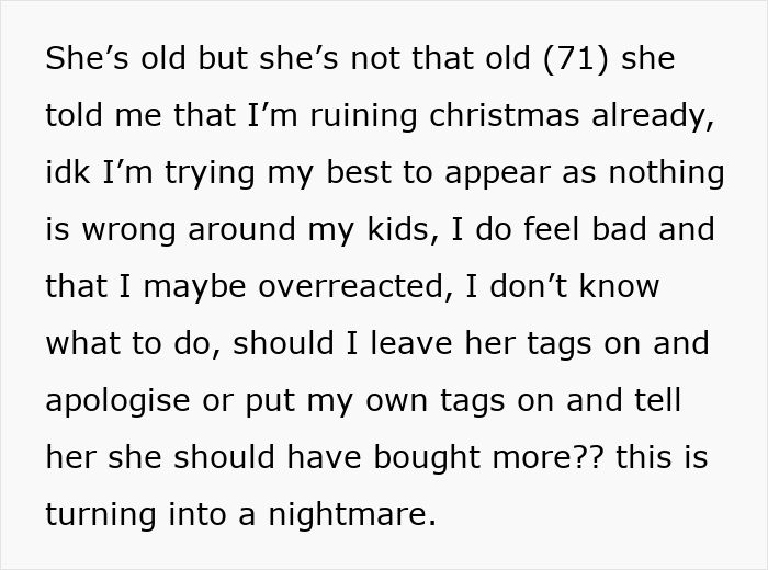 Text expressing frustration over holiday gift tag dispute with mother-in-law.