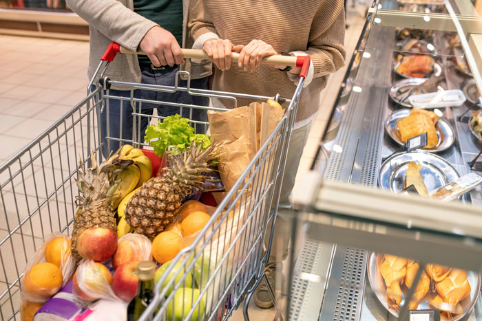 Grocery cart filled with fruits and vegetables in an Arctic store showcasing expensive prices.