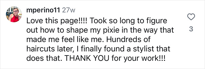 Instagram comment praising hairdresser for inclusive cuts and styling a pixie cut perfectly.