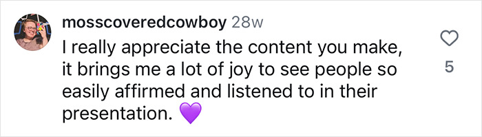 Social media comment expressing appreciation for inclusive hairdresser creating a safe space.