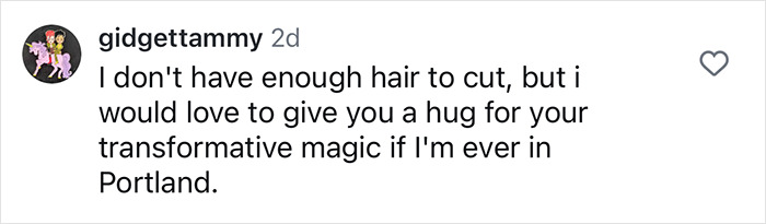 Instagram comment praising a hairdresser for creating a safe, inclusive space for haircuts.