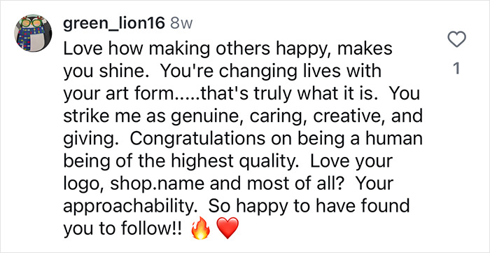 Comment praising a hairdresser for creating a safe, inclusive space and their genuine, caring approach.