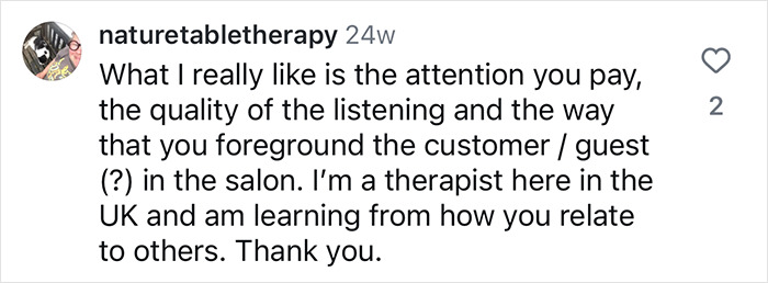 Instagram comment praising a hairdresser for creating an inclusive space in salons; user commends attentiveness.