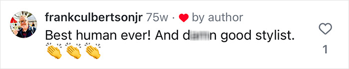 Instagram comment praising a hairdresser and stylist with clapping emojis.