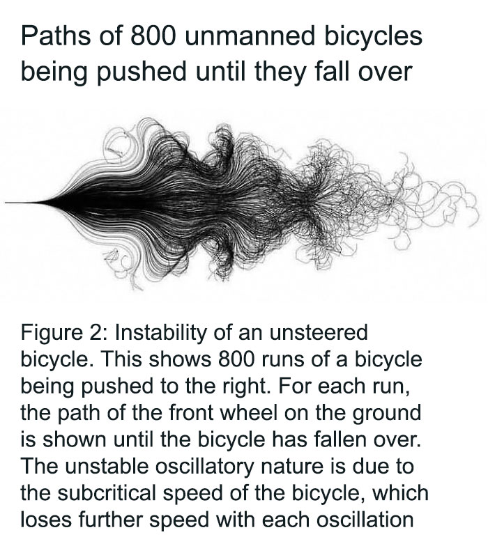 Graphic showing paths of 800 bicycles pushed until they fall, illustrating scientific principles with humor and knowledge.