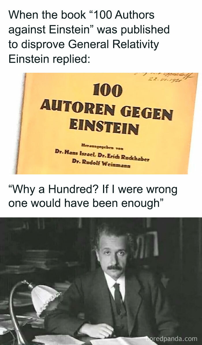 Einstein science meme humorously dismissing critics with a witty comeback, showing a book titled "100 Authors Against Einstein."