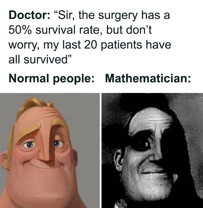 Cartoon character meme illustrating a humorous take on survival rate statistics in a science meme.