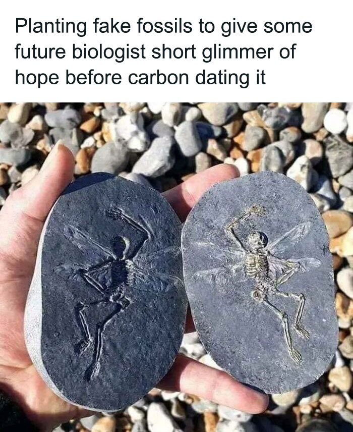 Hands holding fake fossils in rocks, captioned with humor about future biologists and carbon dating.
