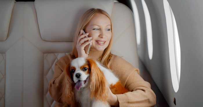 Woman with a dog on her lap, sitting on an airplane seat, smiling on a phone call.