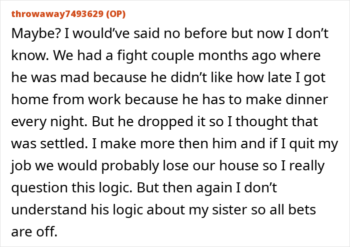 Text screenshot discussing conflict over work schedules and family dynamics.