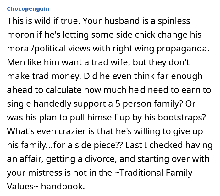 Text screenshot discussing husband's views and family dynamics with right-wing influence.