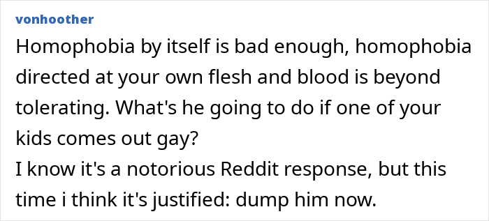 Reddit user's comment on homophobia and acceptance regarding family dynamics and children.