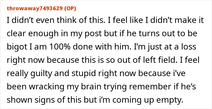 Text message expressing concern about a husband possibly being a bigot.