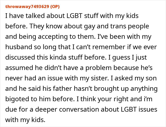 Text discussing family's views on LGBT topics and children's understanding.