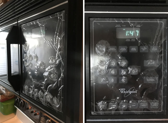 Broken microwave with c*****d display and control panel, showcasing typical horrible-roommates scenario.