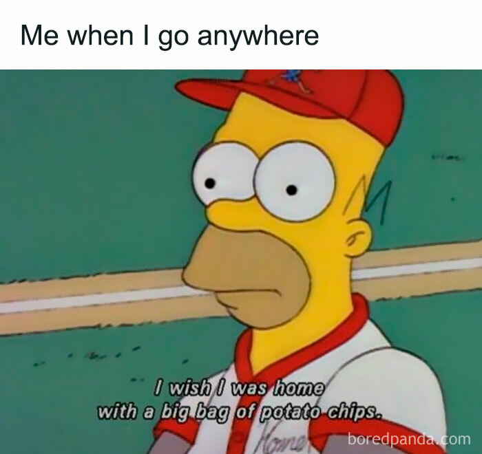Homer Simpson in a baseball uniform looking pensive, captioned about wishing to be home with potato chips.