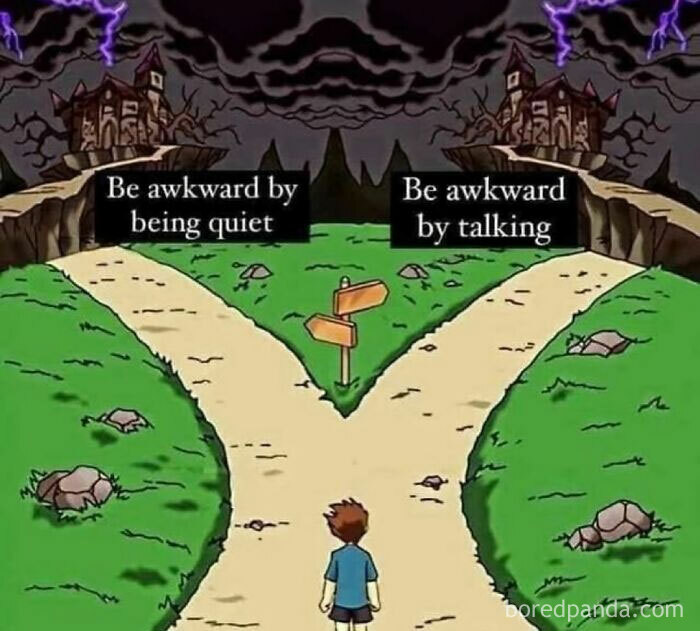 Person stands at a crossroads, deciding between awkward silence or awkward conversation, under a stormy sky.