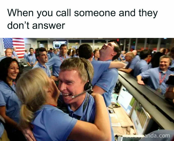 Group of people in blue shirts celebrating with laughter, capturing a hilariously relatable mental struggle moment.