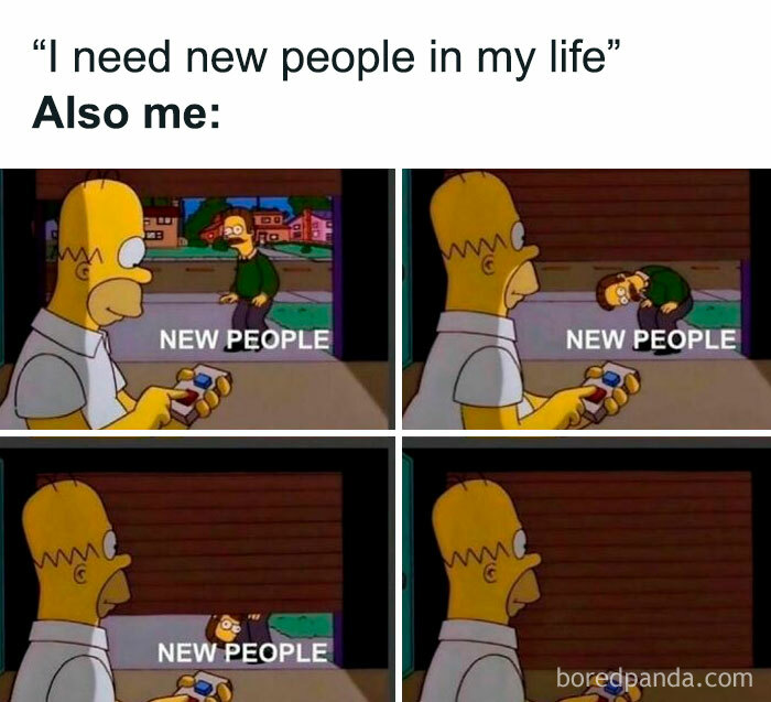 Homer Simpson in a meme about avoiding social interaction, humorously relatable for mental health struggles.